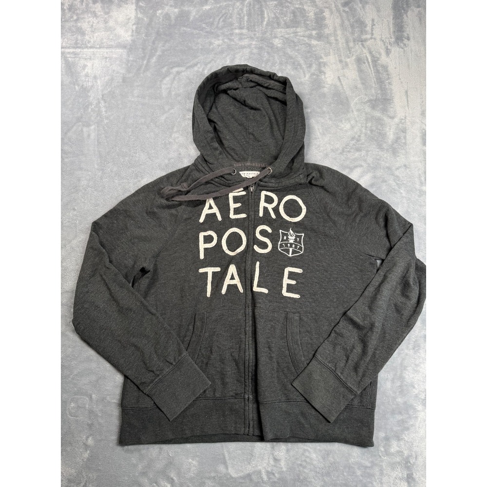 Aeropostale Womens XL Full Zip Hoodie Gray Graphic Sweatshirt Cotton Blend